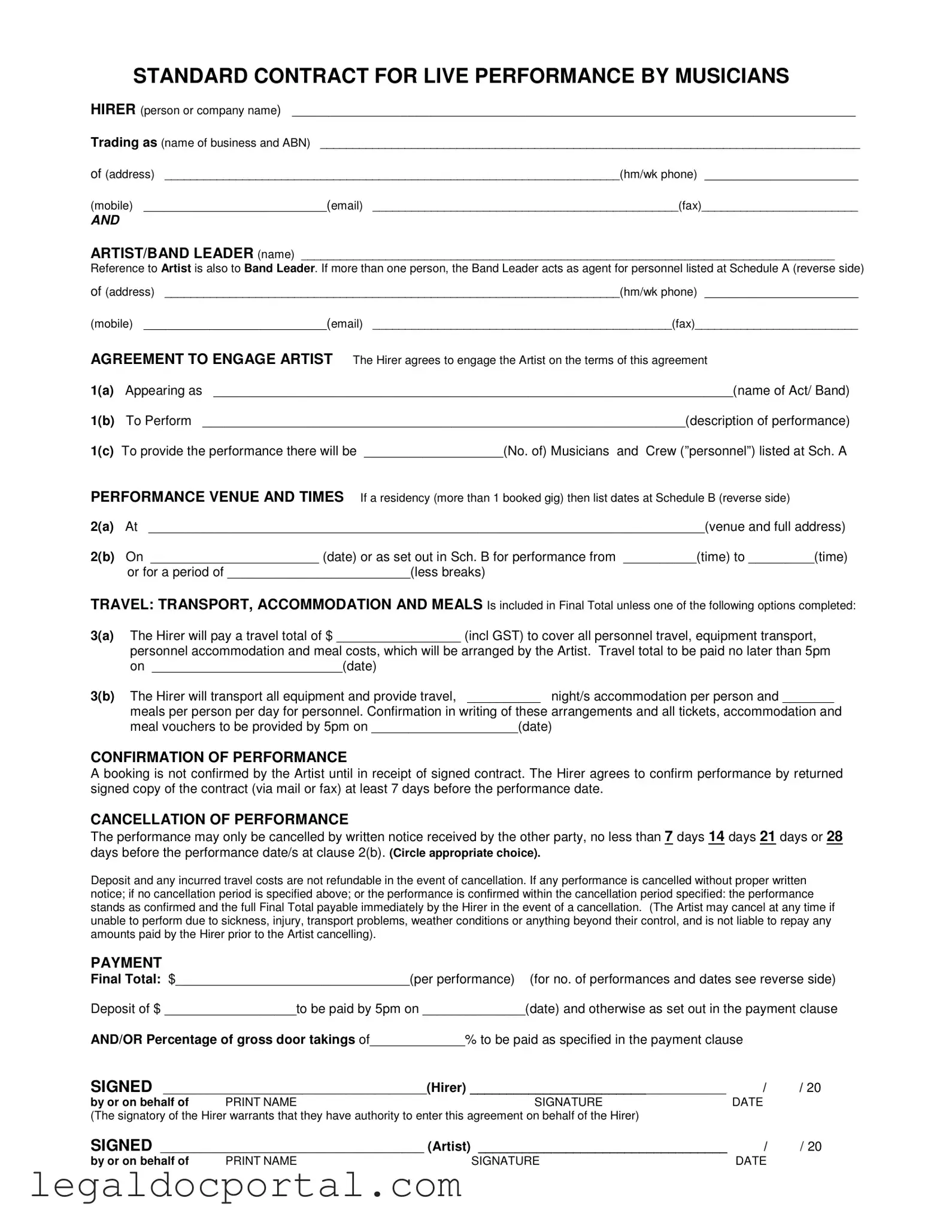 Printable Live Performance Contract Form