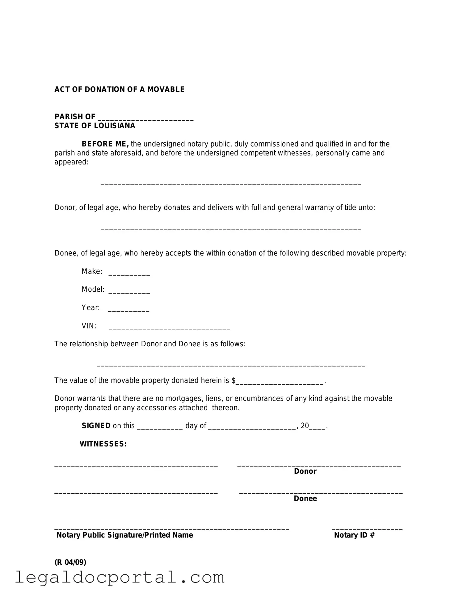Printable Louisiana act of donation Form