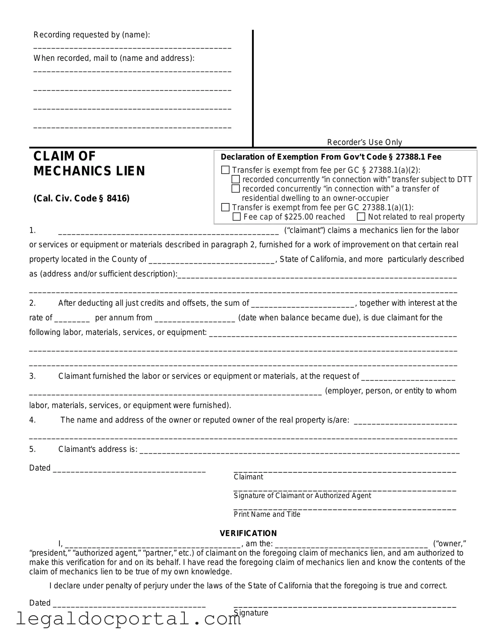 Printable Mechanics Lien California Form