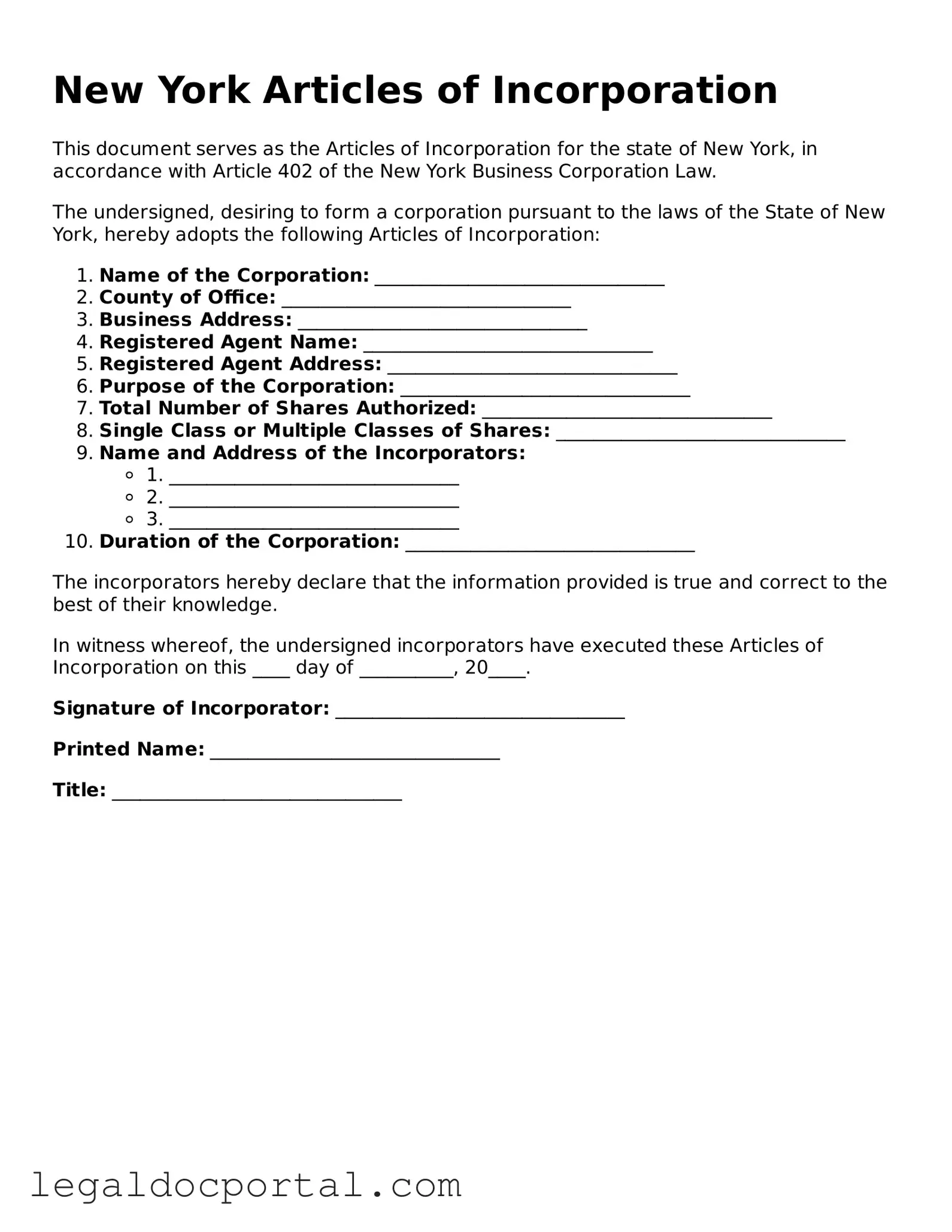 Attorney-Verified New York Articles of Incorporation Form
