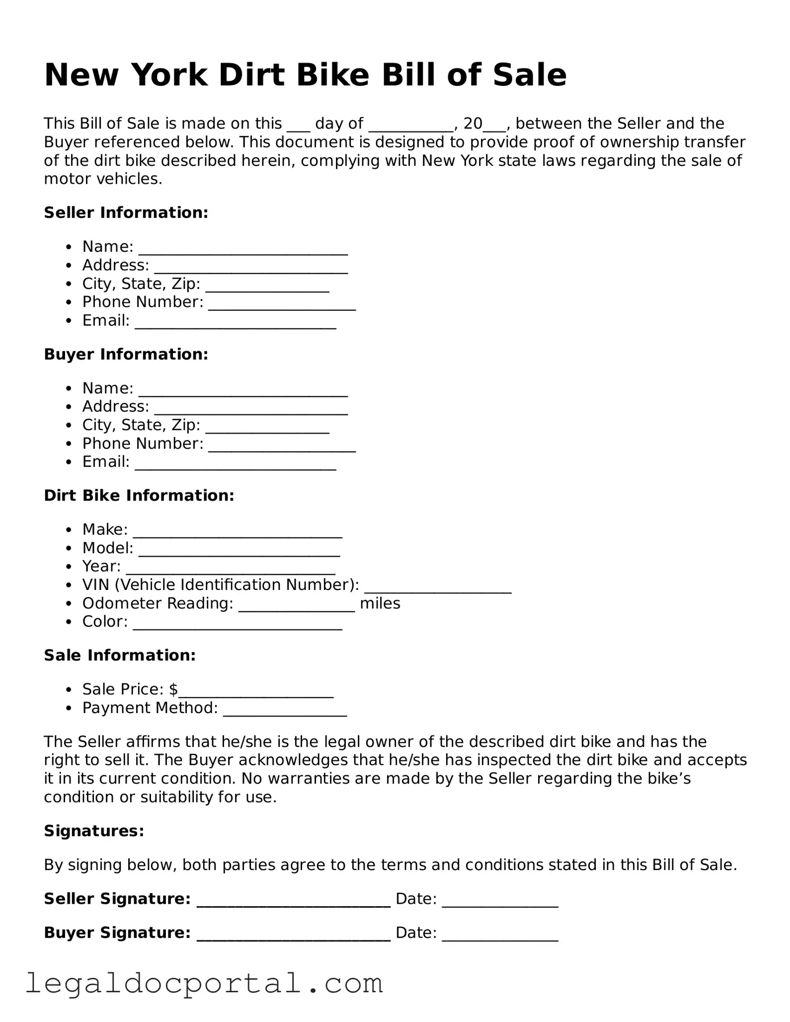 Attorney-Verified New York Dirt Bike Bill of Sale Form