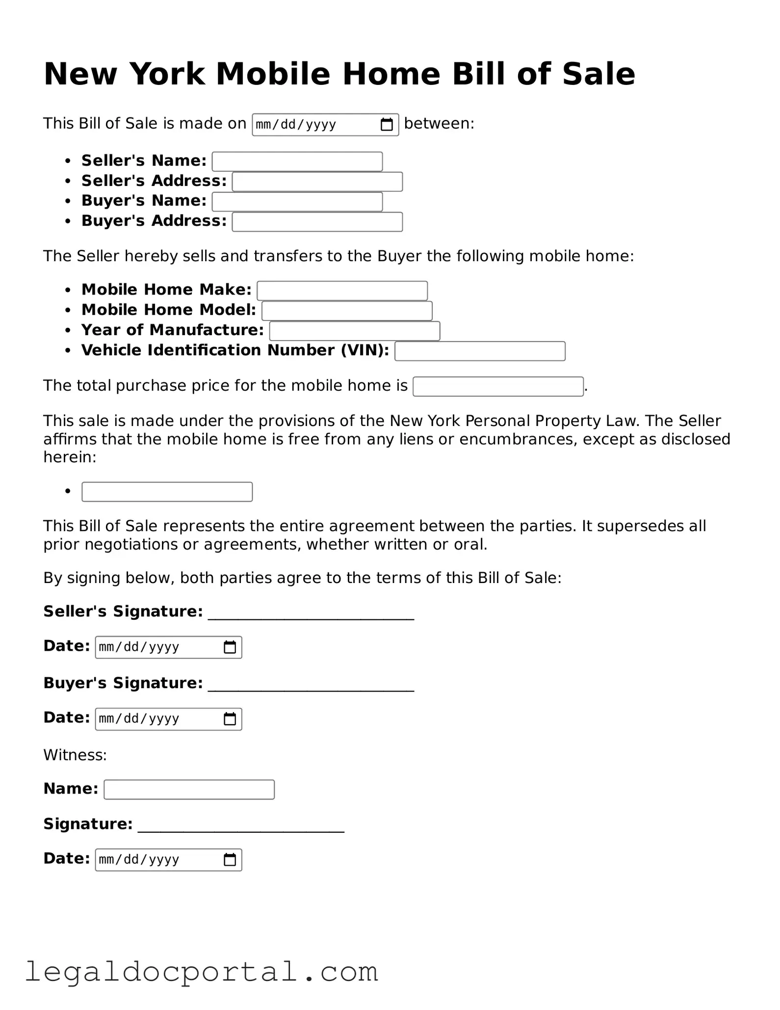 Attorney-Verified New York Mobile Home Bill of Sale Form