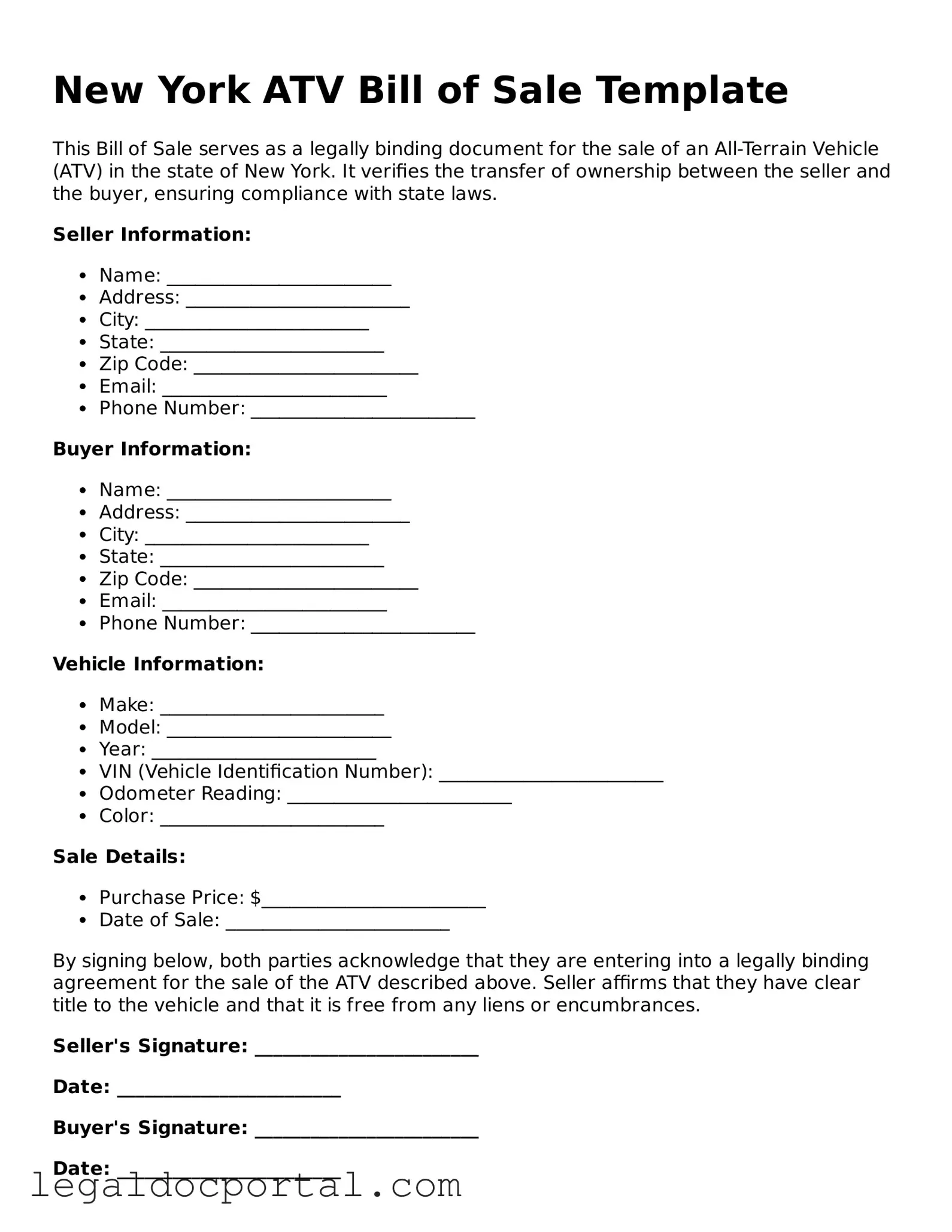 Attorney-Verified New York ATV Bill of Sale Form