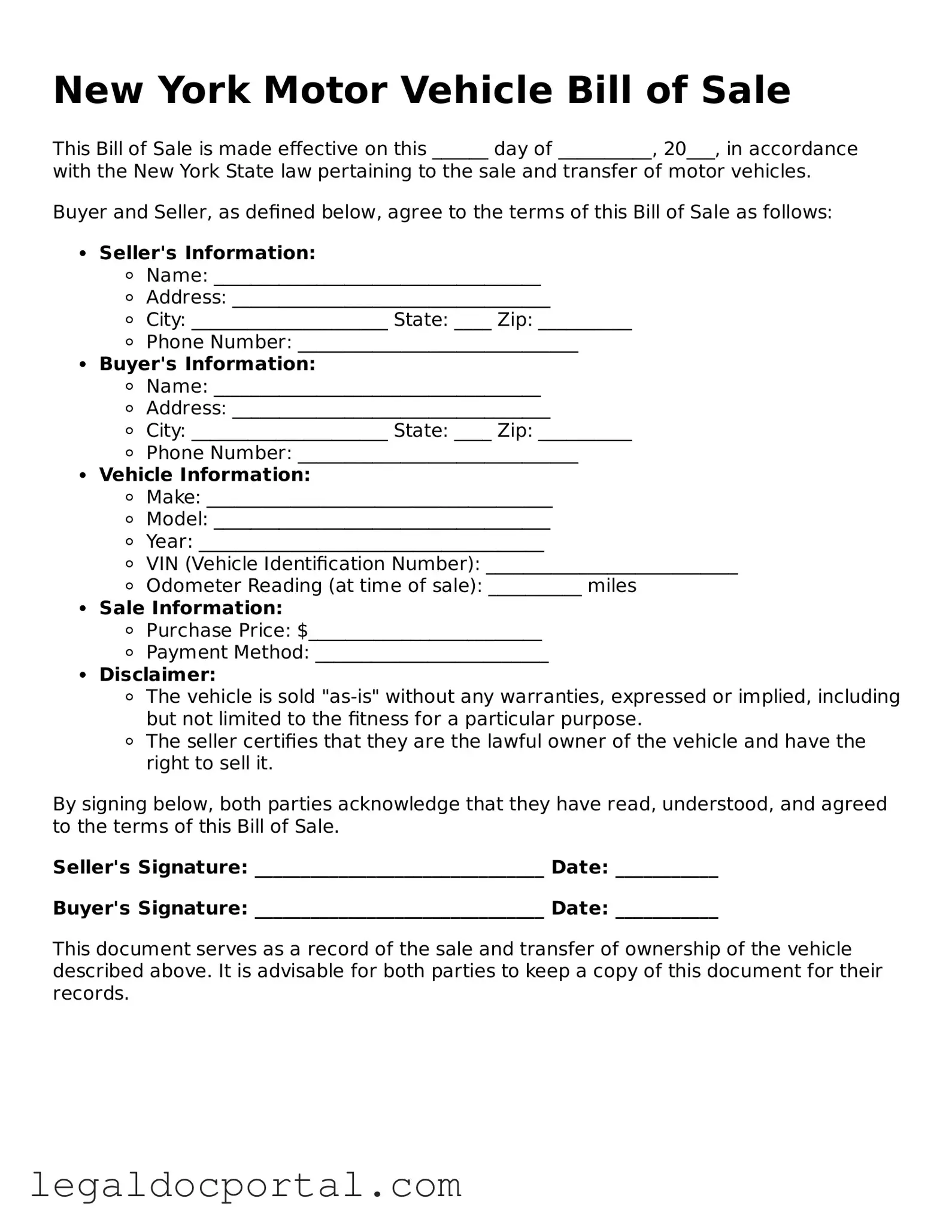 Attorney-Verified New York Motor Vehicle Bill of Sale Form