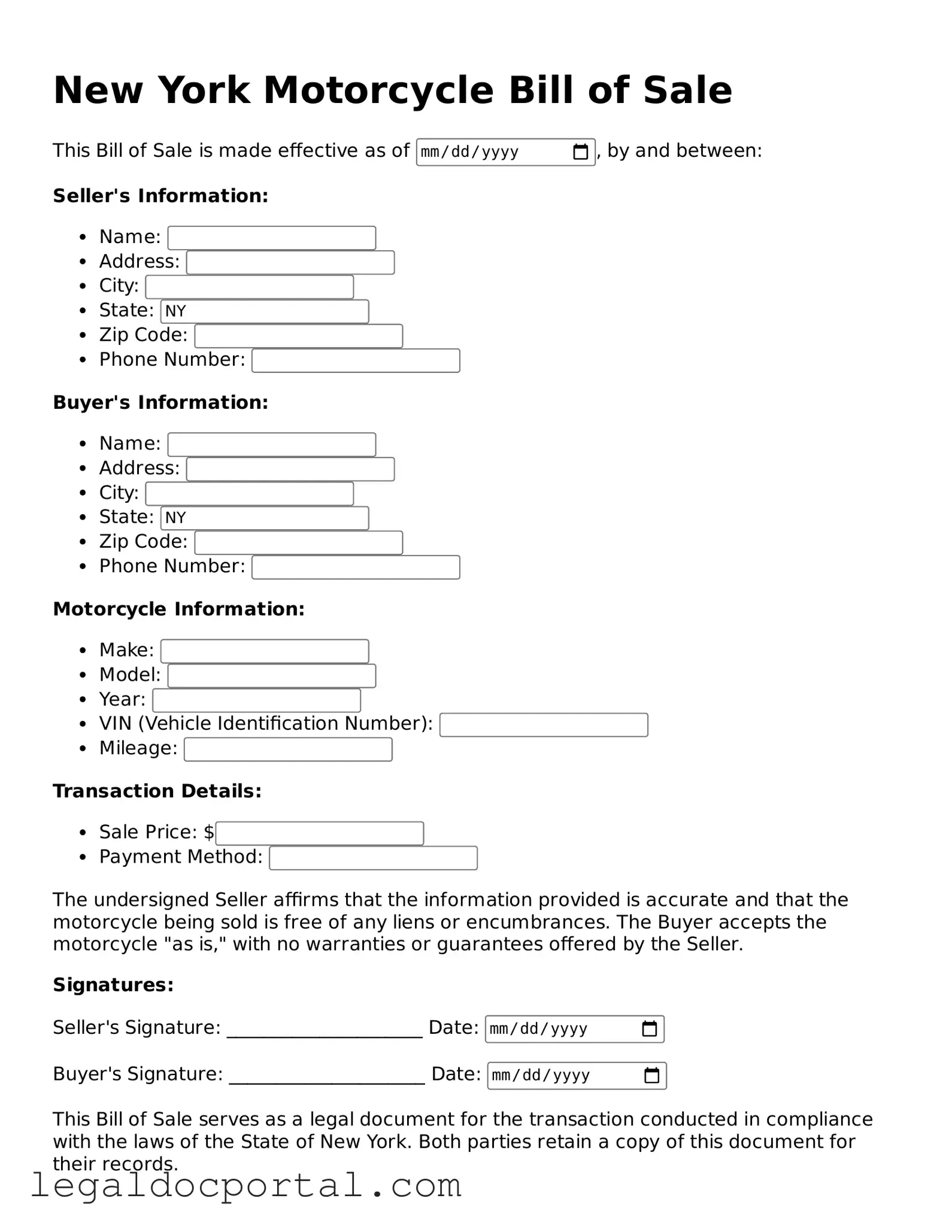 Attorney-Verified New York Motorcycle Bill of Sale Form