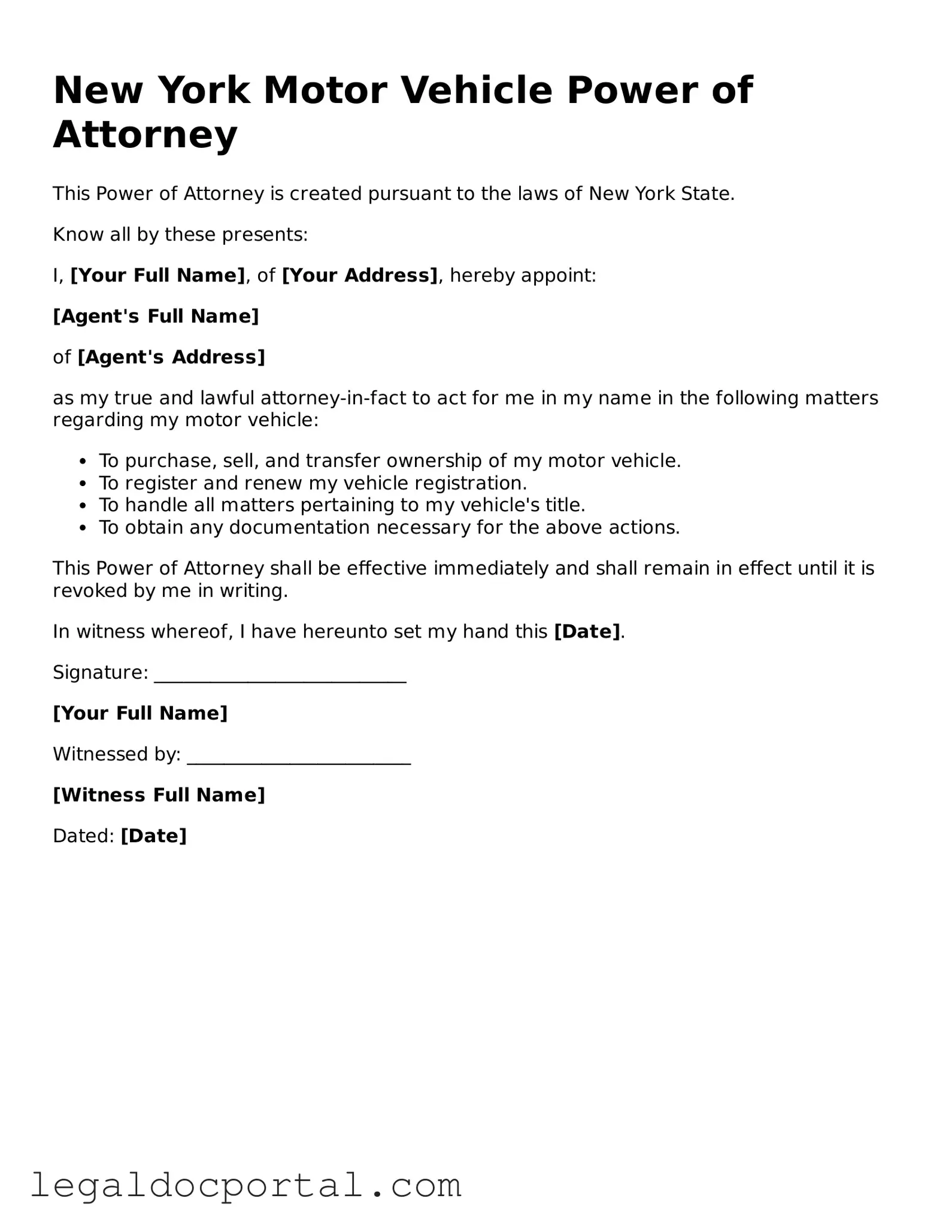 Attorney-Verified New York Motor Vehicle Power of Attorney Form