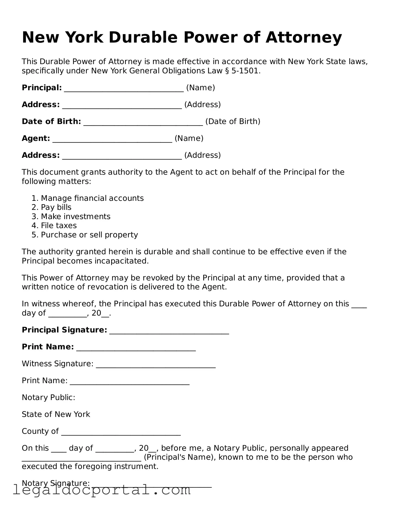 Attorney-Verified New York Durable Power of Attorney Form