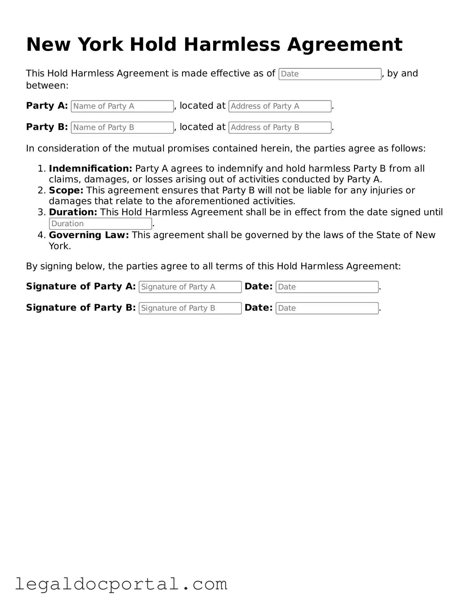 Attorney-Verified New York Hold Harmless Agreement Form