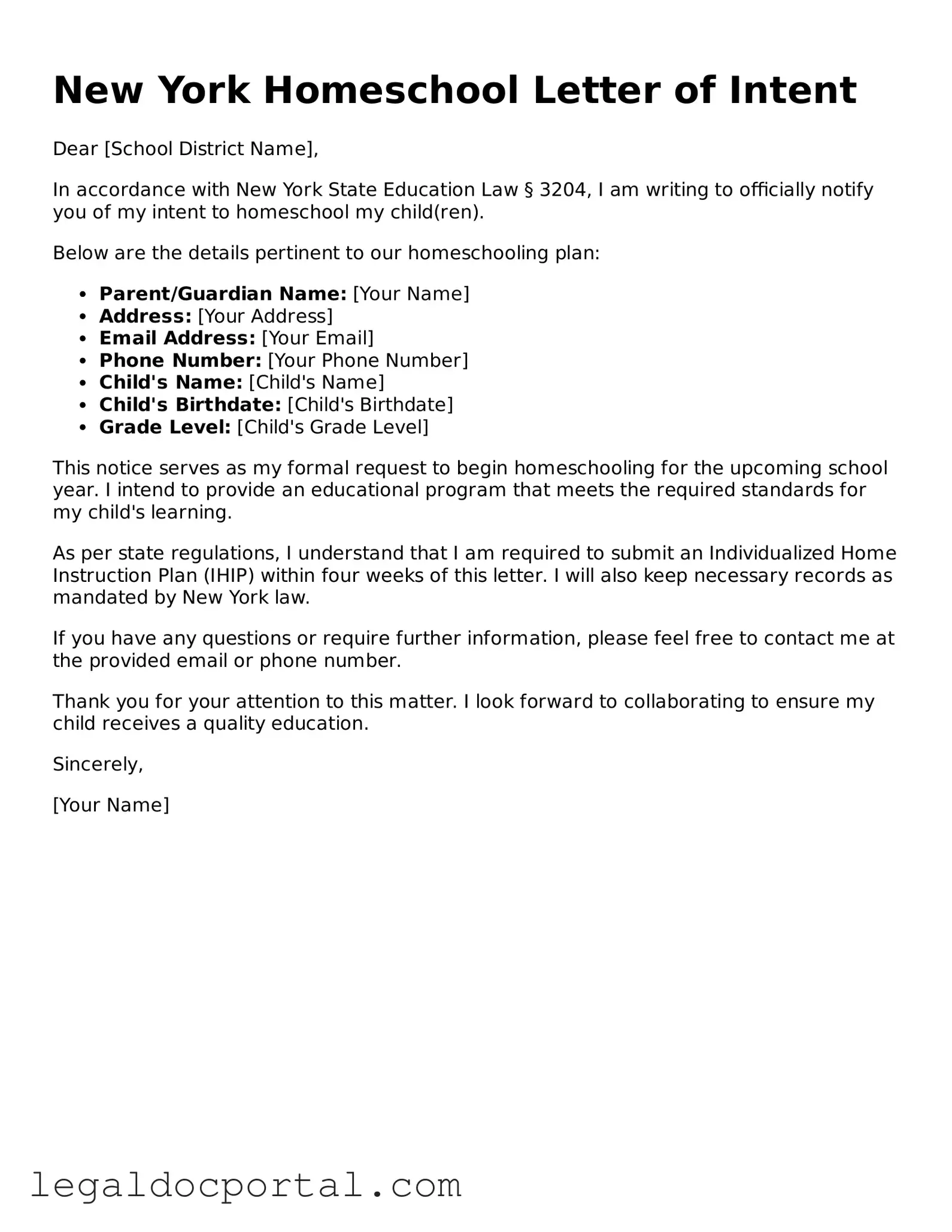 Attorney-Verified New York Homeschool Letter of Intent Form