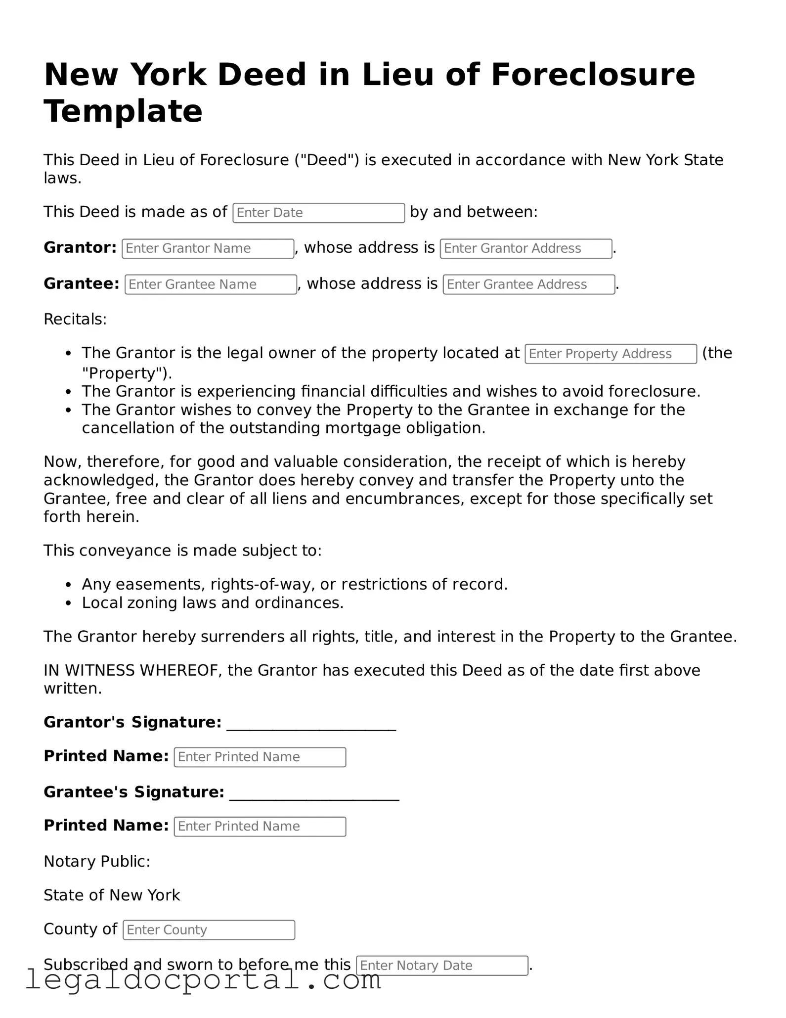 Attorney-Verified New York Deed in Lieu of Foreclosure Form