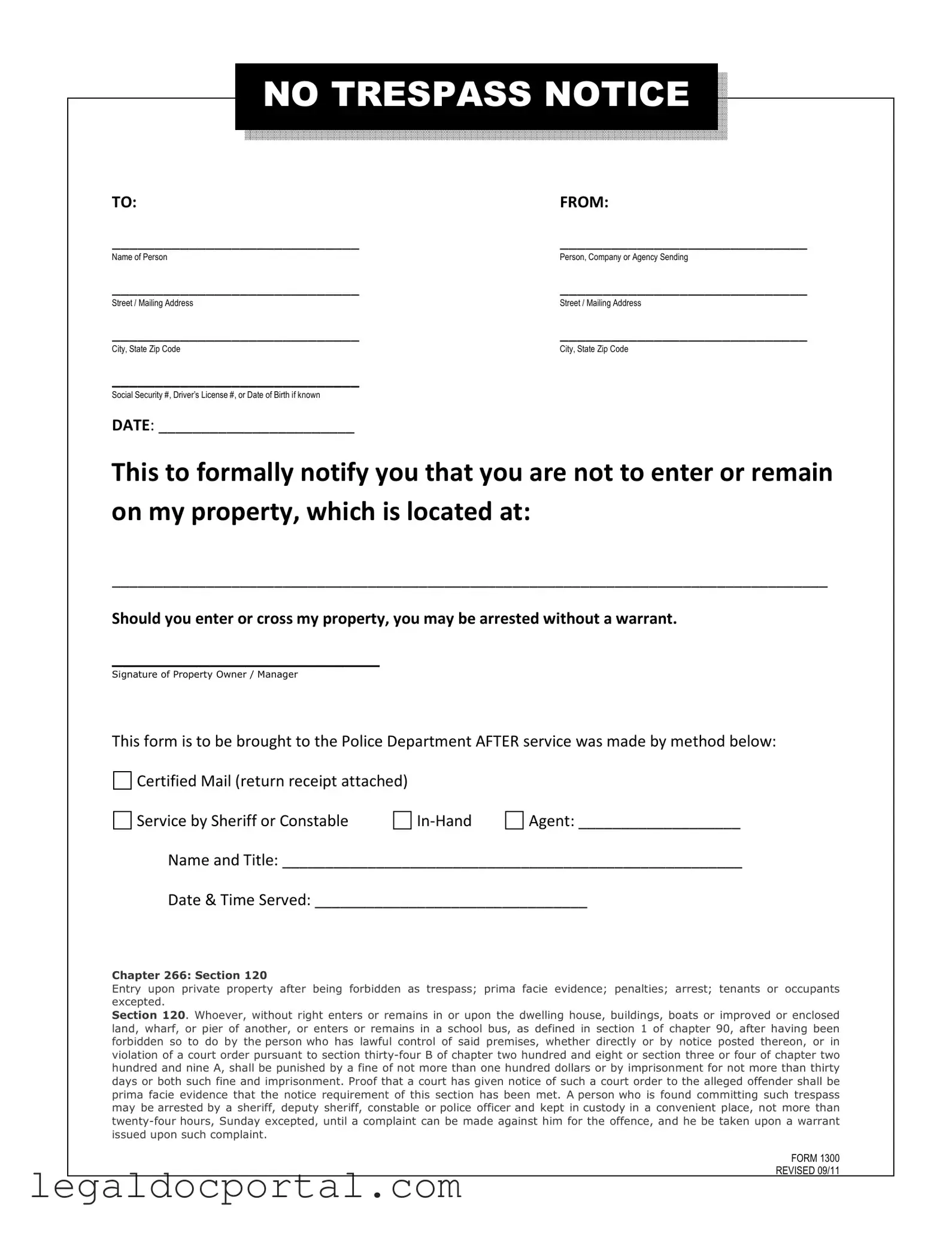 Printable No Trespassing Letter Form