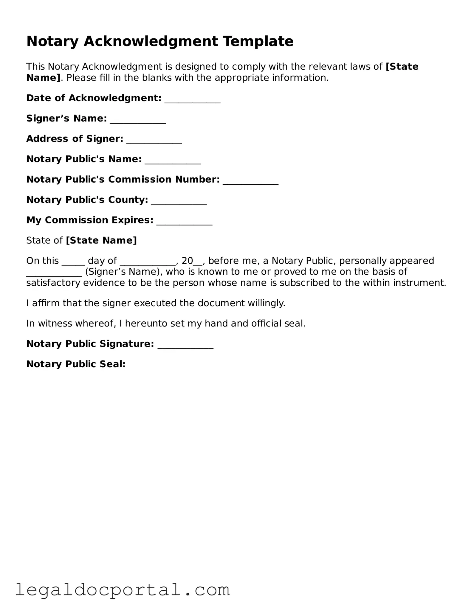 Official Notary Acknowledgement Document