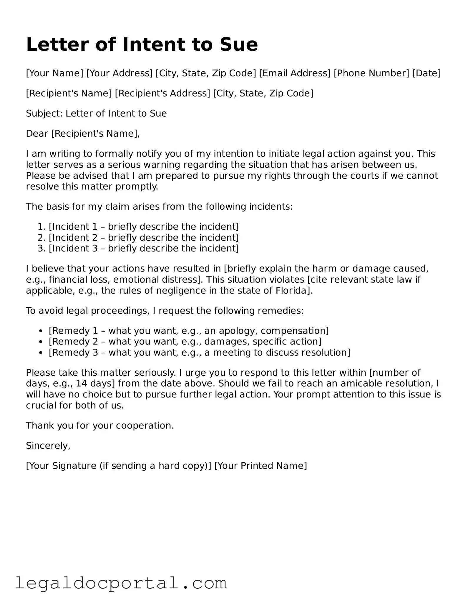 Official Letter of Intent to Sue Document