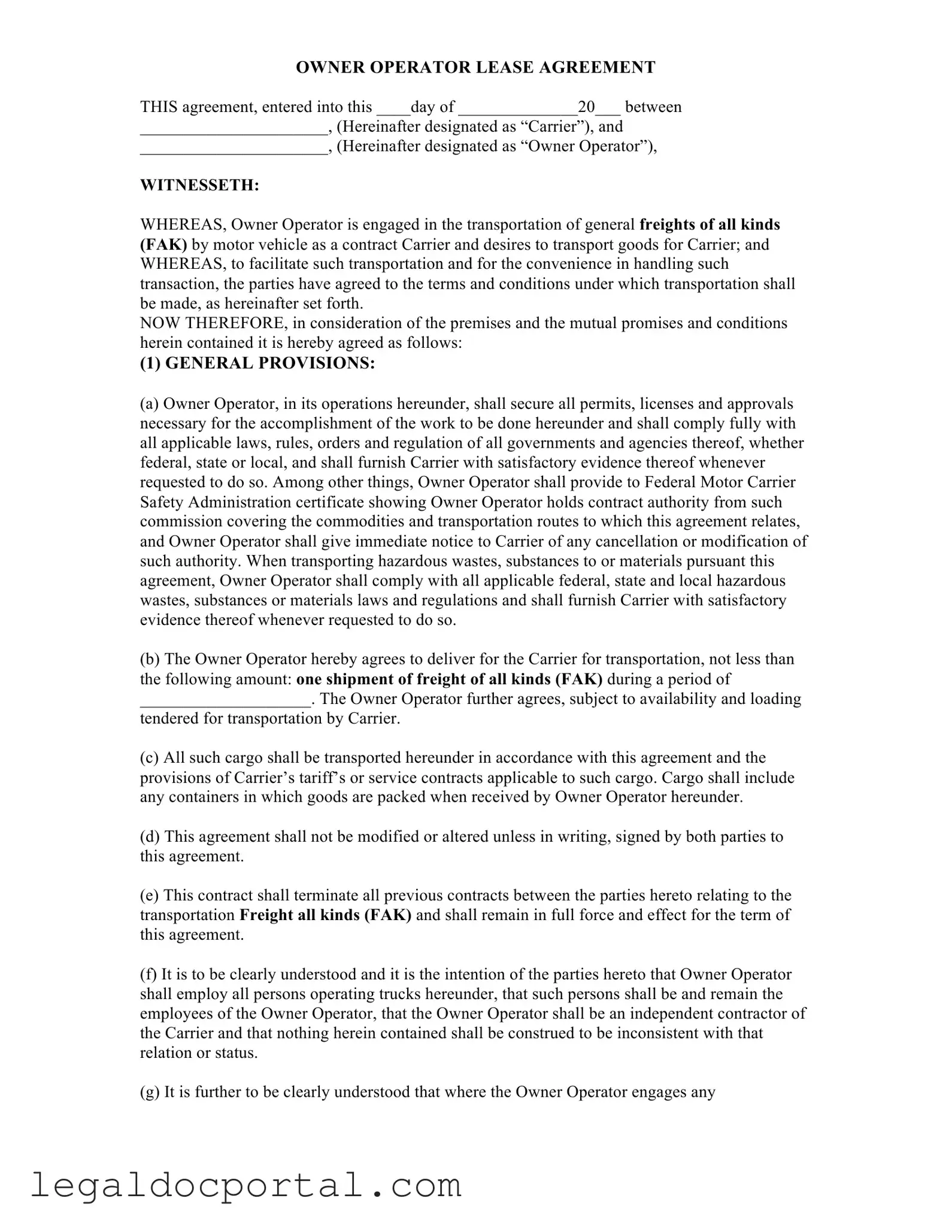 Printable Owner Operator Lease Agreement Form