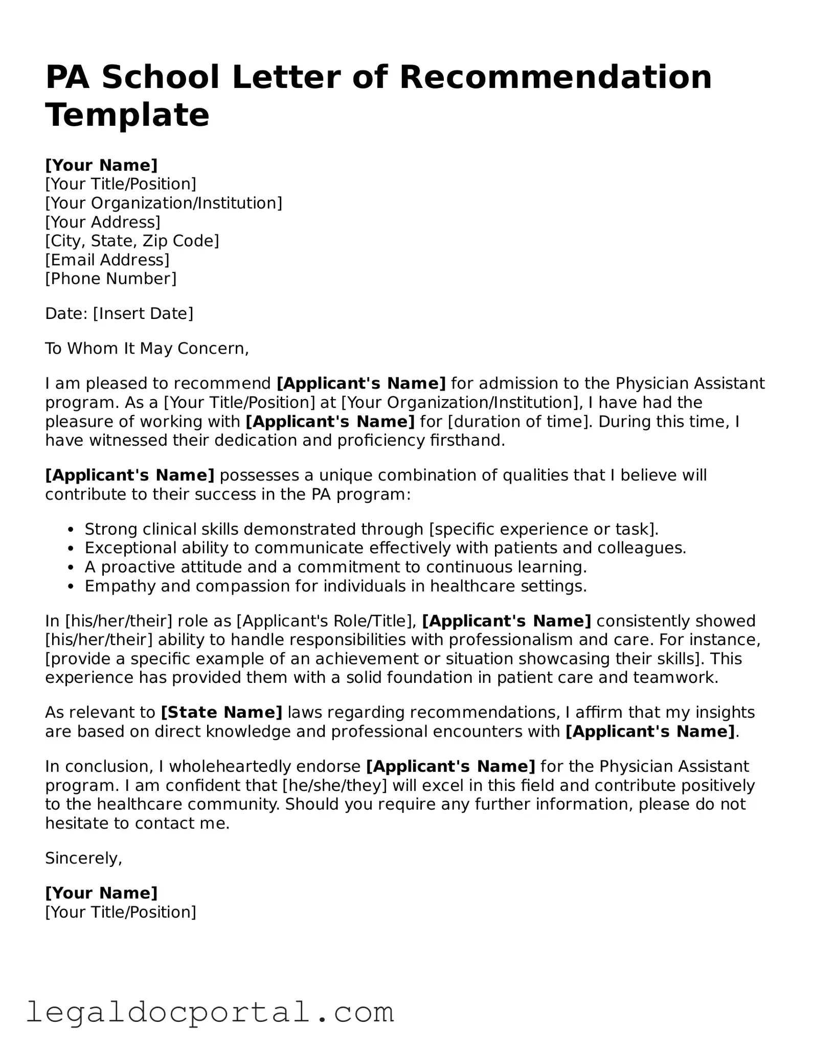 Official PA School Letter of Recommendation Document