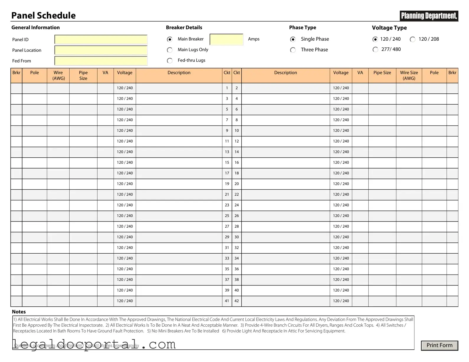 Printable Electrical Panel Schedule Form