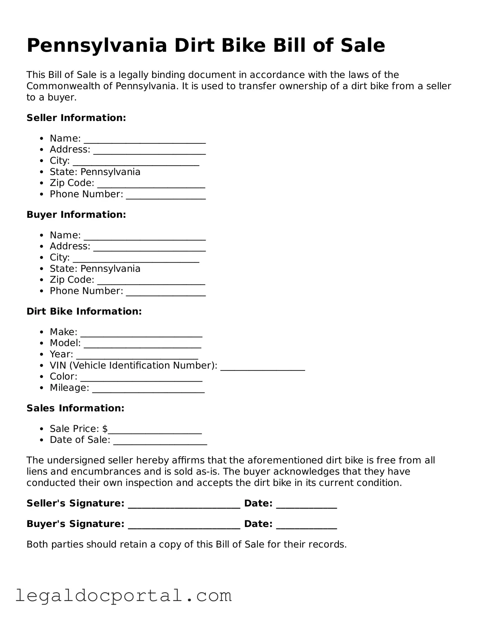 Attorney-Verified Pennsylvania Dirt Bike Bill of Sale Form