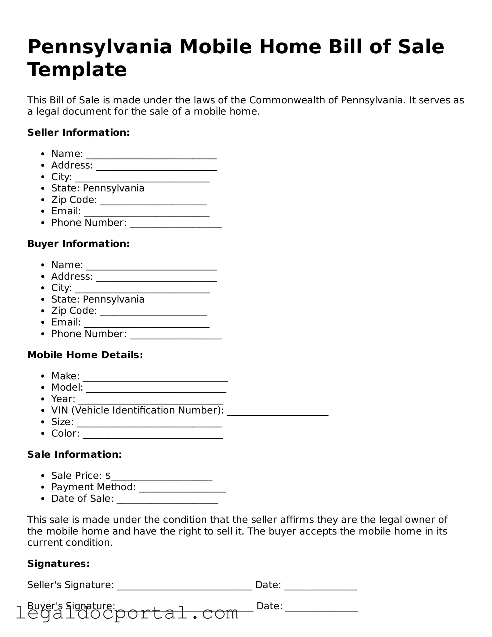 Attorney-Verified Pennsylvania Mobile Home Bill of Sale Form
