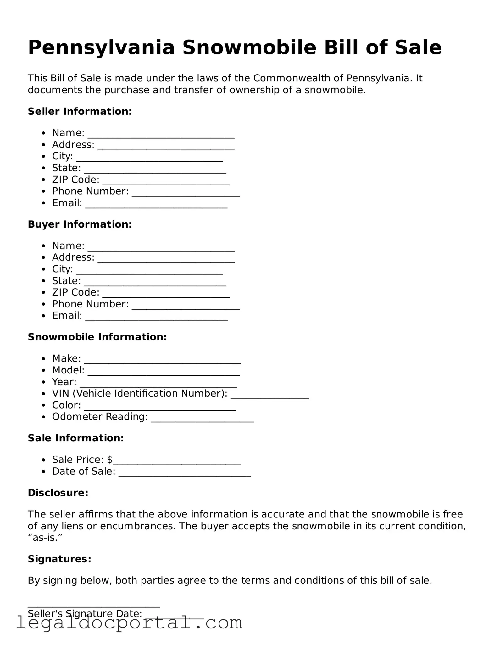 Attorney-Verified Pennsylvania Snowmobile Bill of Sale Form