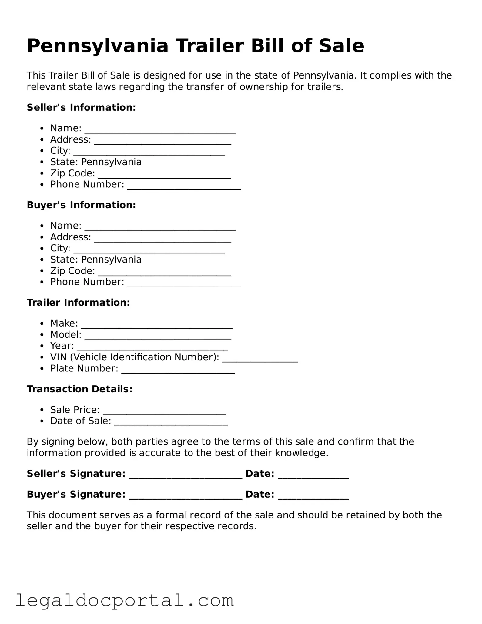 Attorney-Verified Pennsylvania Trailer Bill of Sale Form