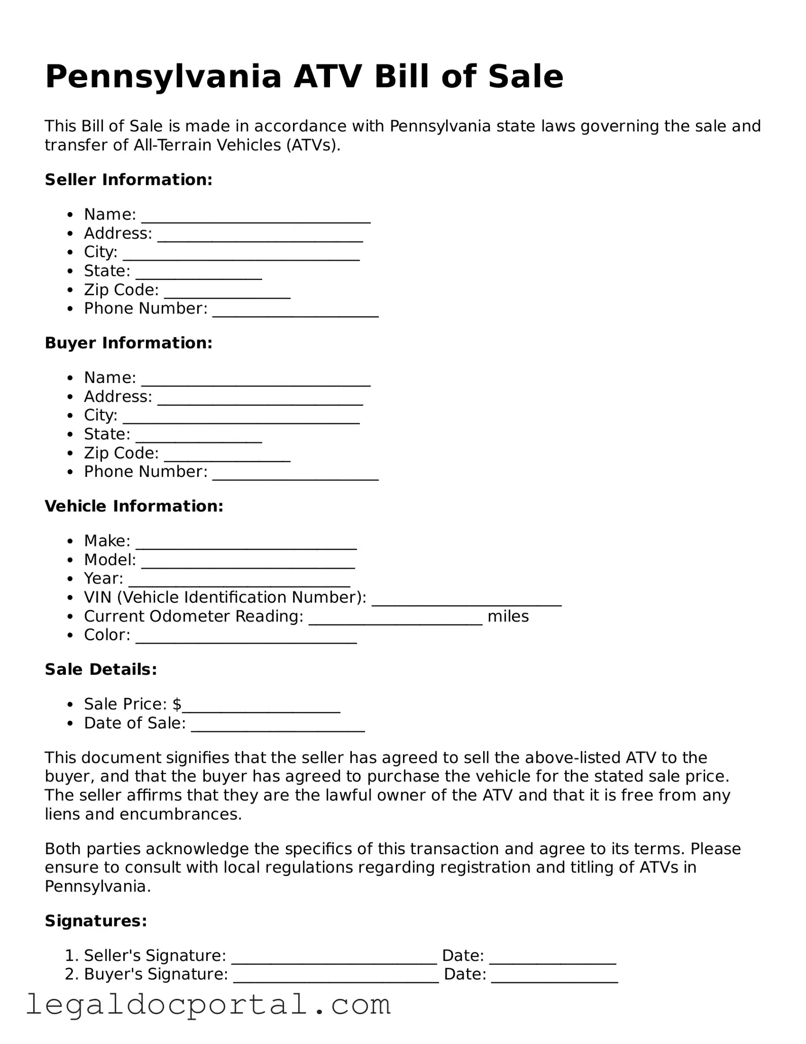 Attorney-Verified Pennsylvania ATV Bill of Sale Form