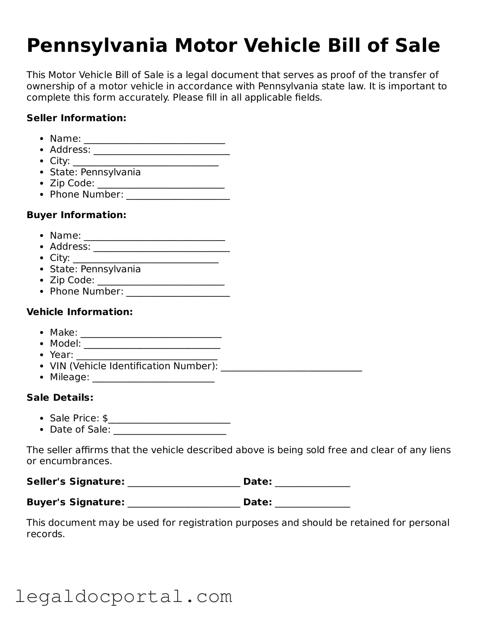 Attorney-Verified Pennsylvania Motor Vehicle Bill of Sale Form