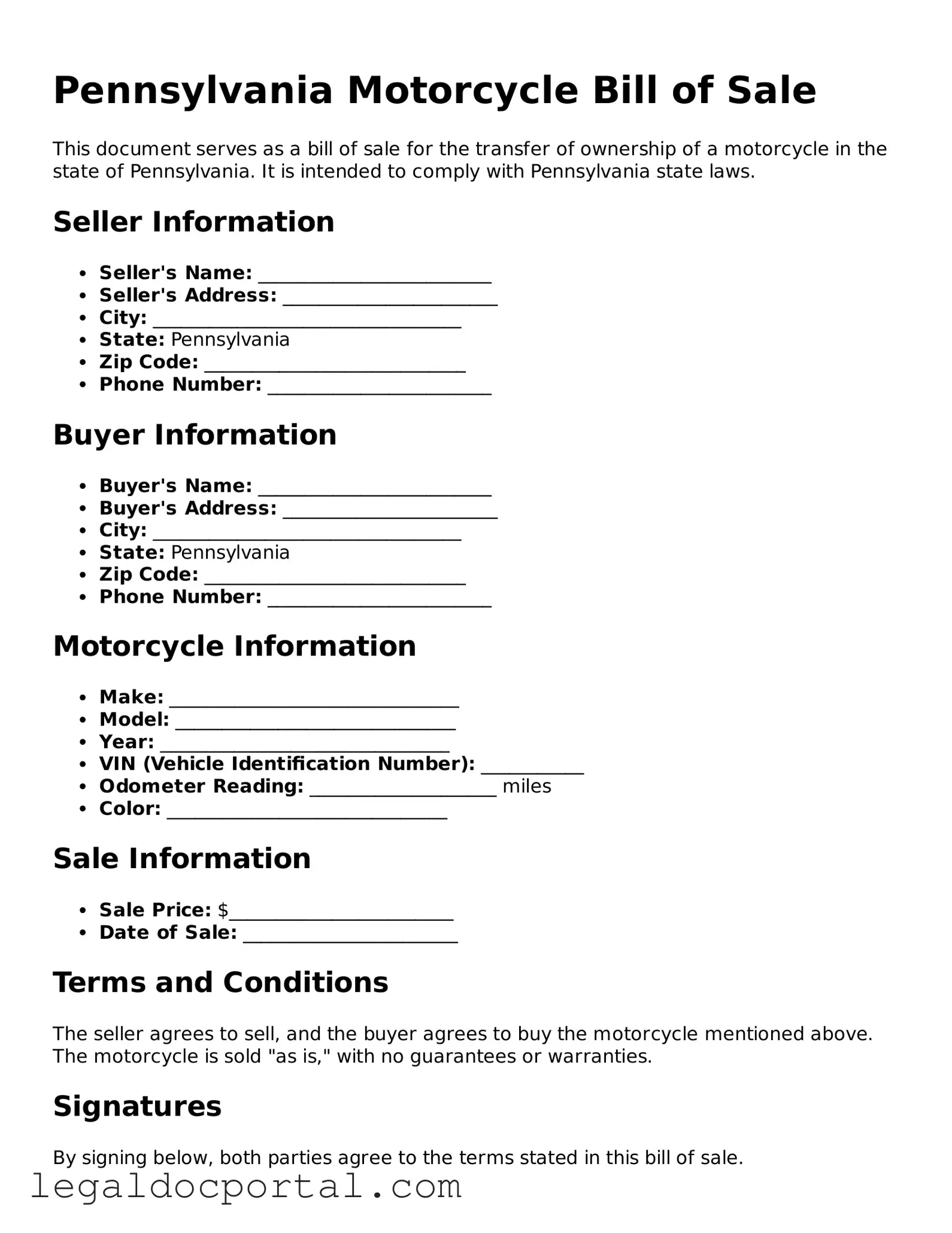 Attorney-Verified Pennsylvania Motorcycle Bill of Sale Form