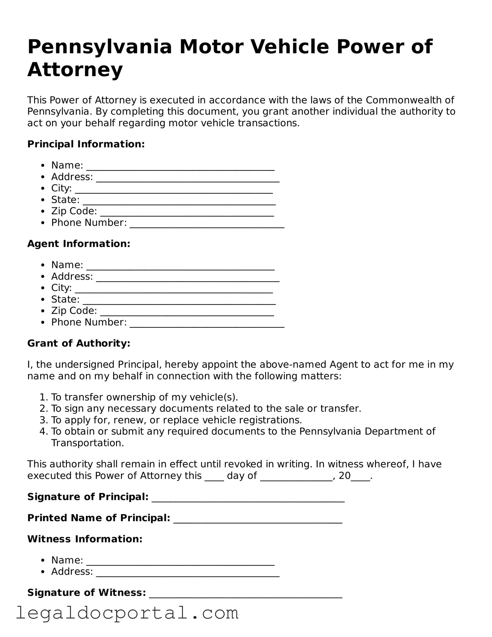 Attorney-Verified Pennsylvania Motor Vehicle Power of Attorney Form