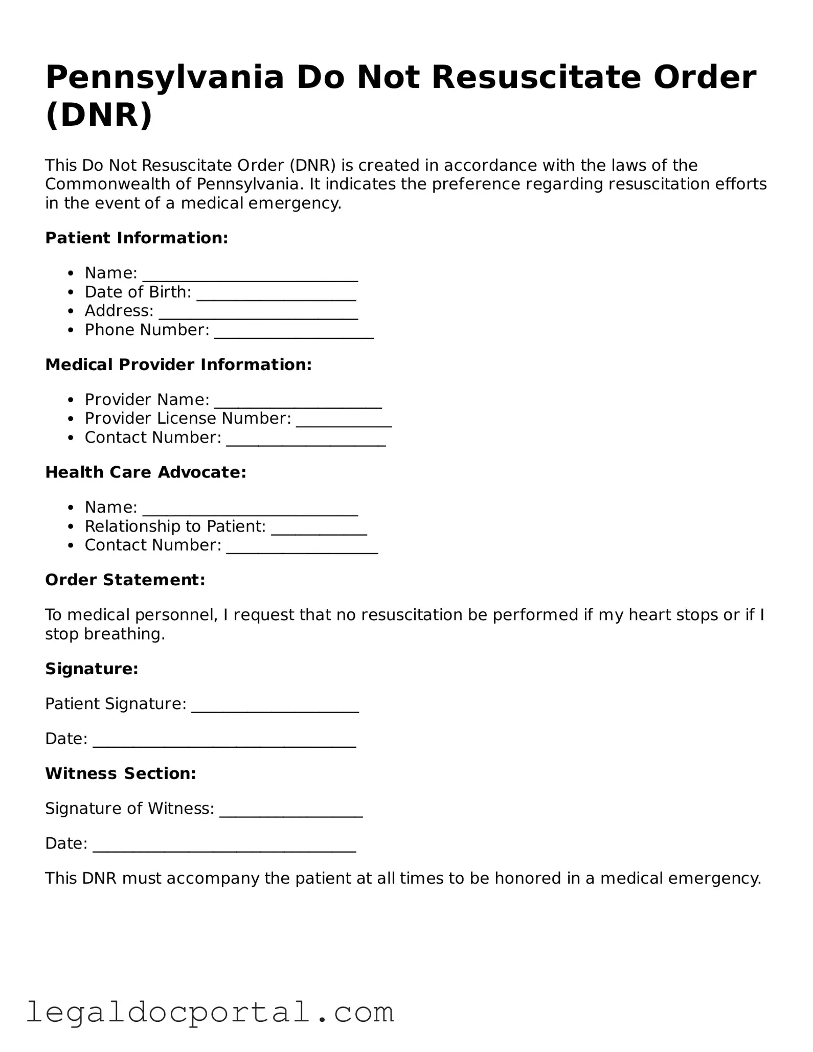 Attorney-Verified Pennsylvania Do Not Resuscitate Order Form