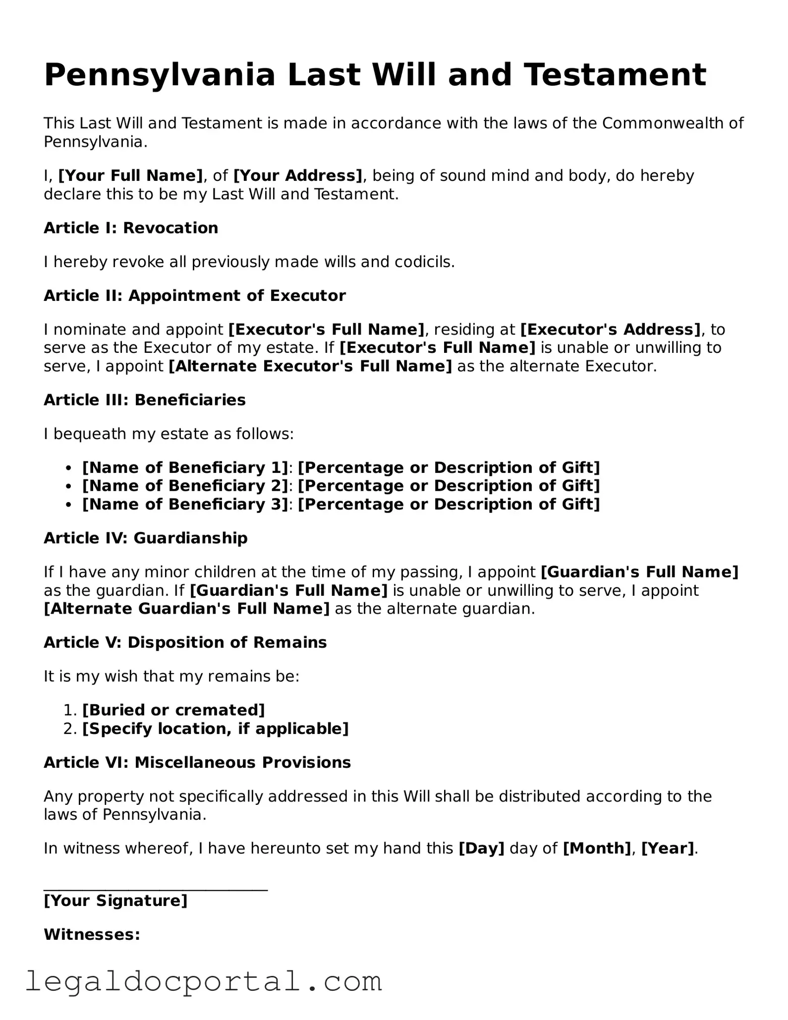 Attorney-Verified Pennsylvania Last Will and Testament Form