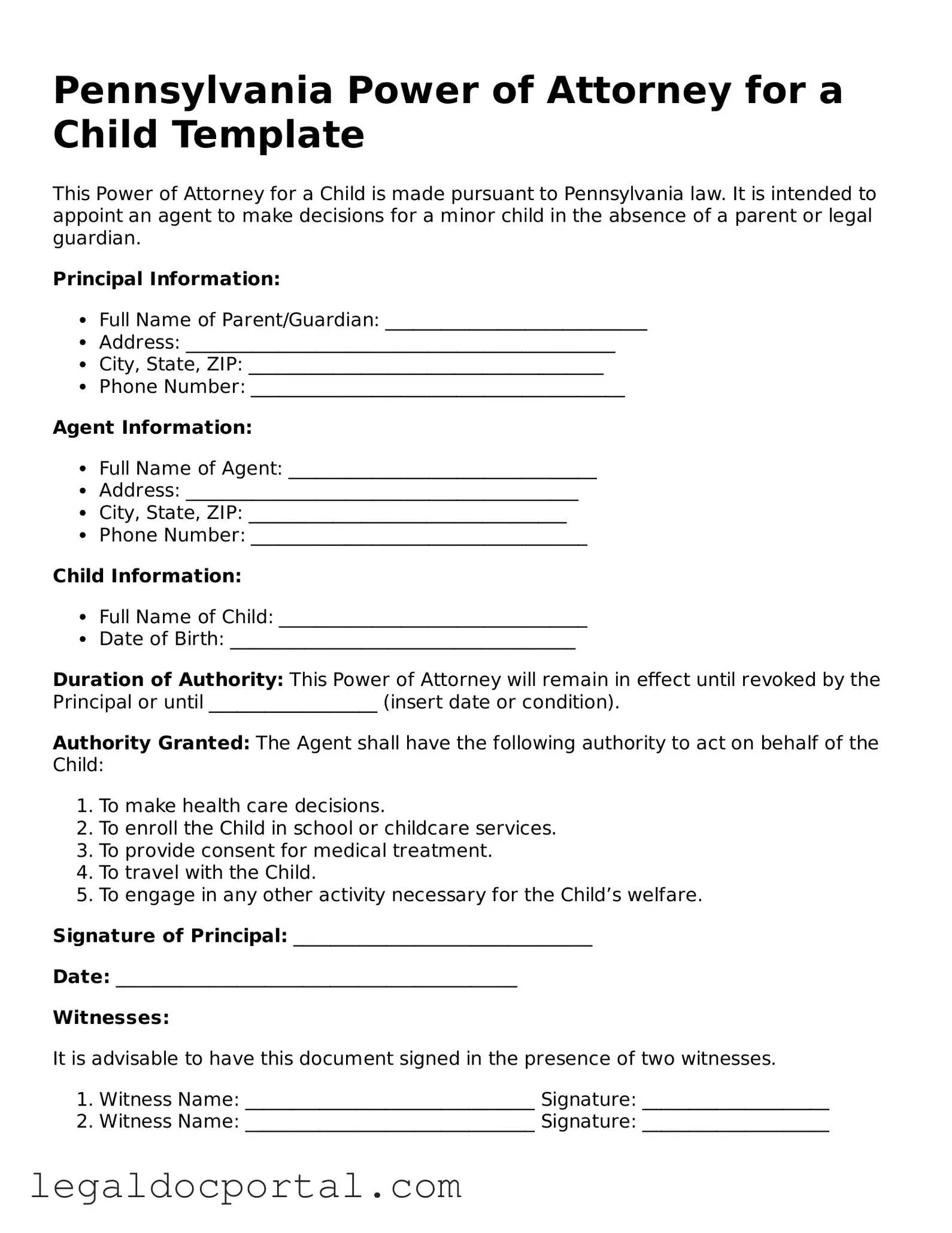 Attorney-Verified Pennsylvania Power of Attorney for a Child Form