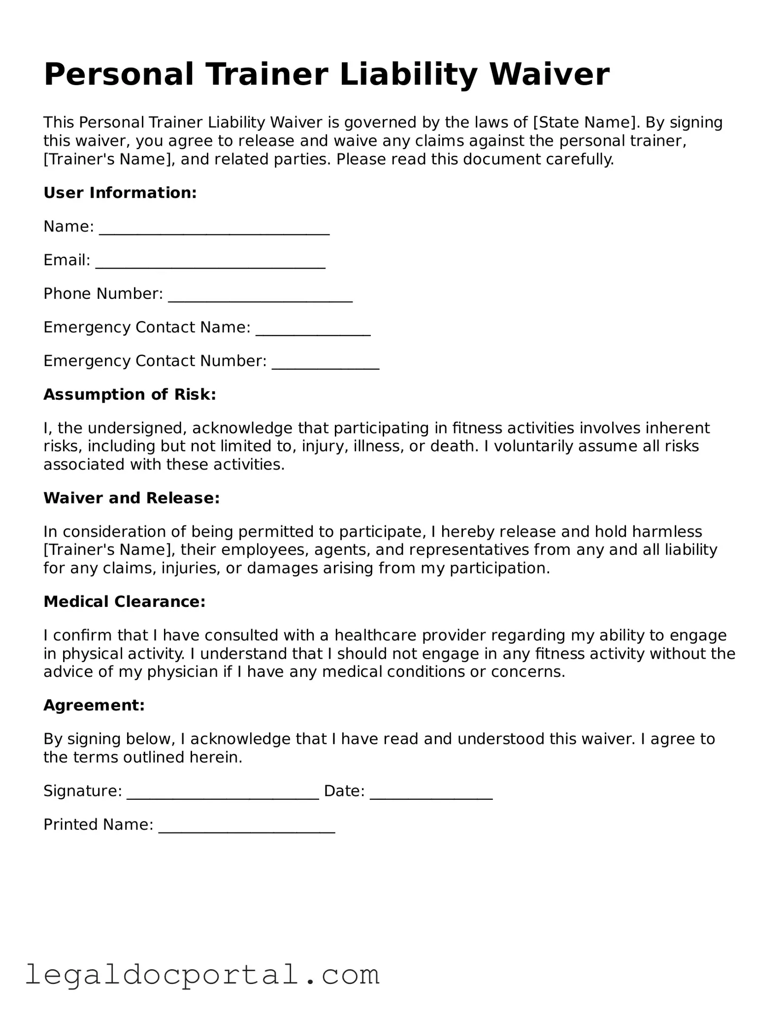 Official Personal Trainer Liability Waiver Document