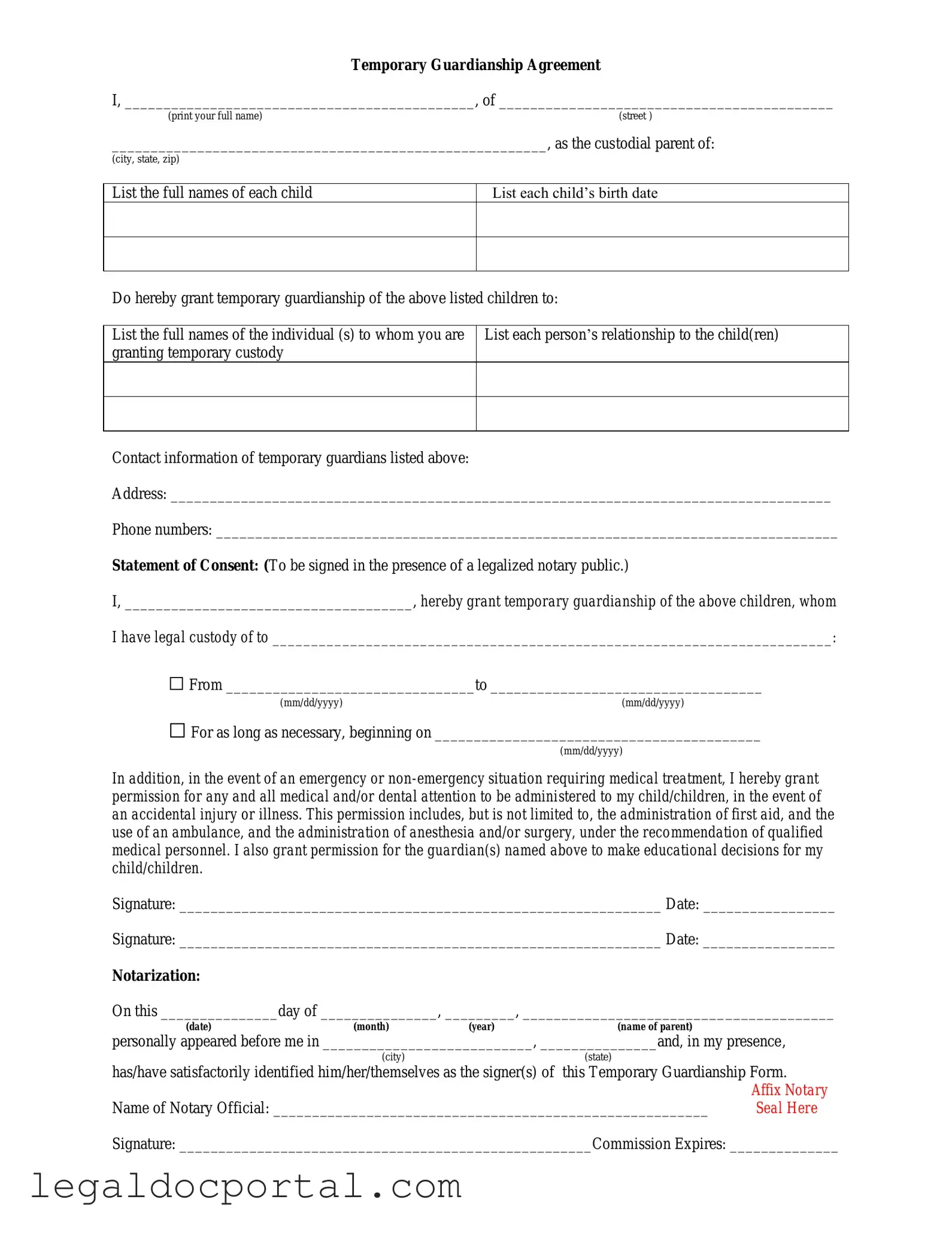 Printable Temporary Custody Form