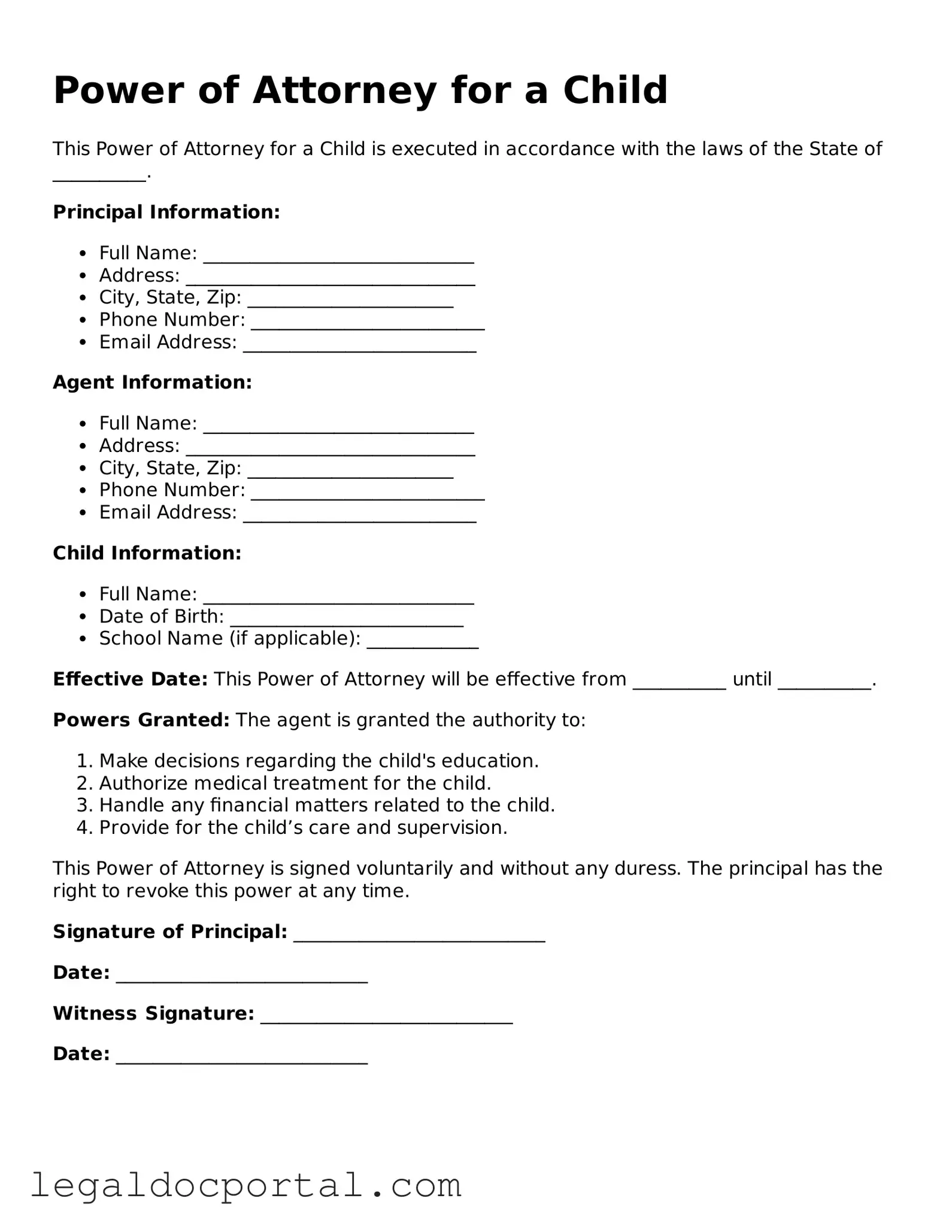 Official Power of Attorney for a Child Document