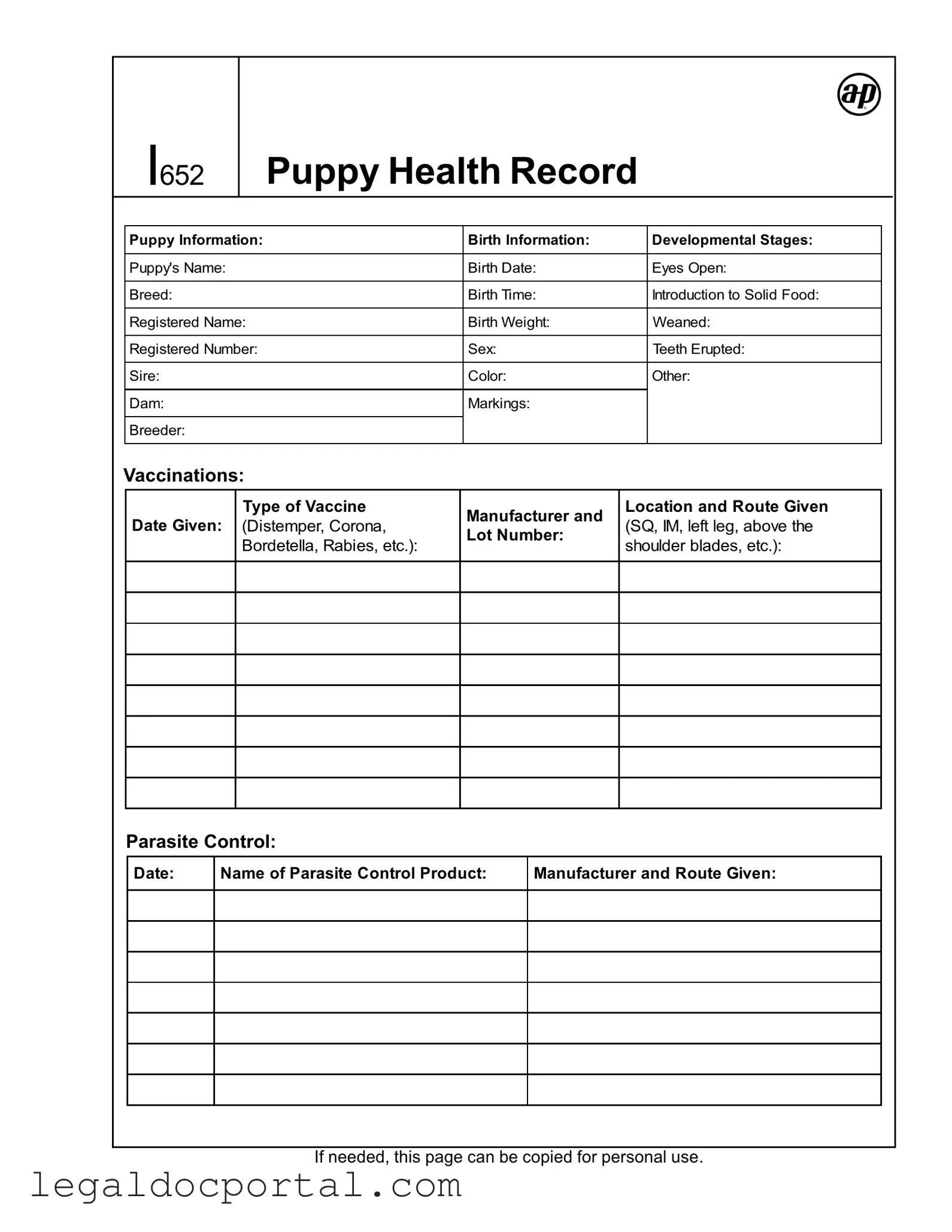 Printable Puppy Health Record Form