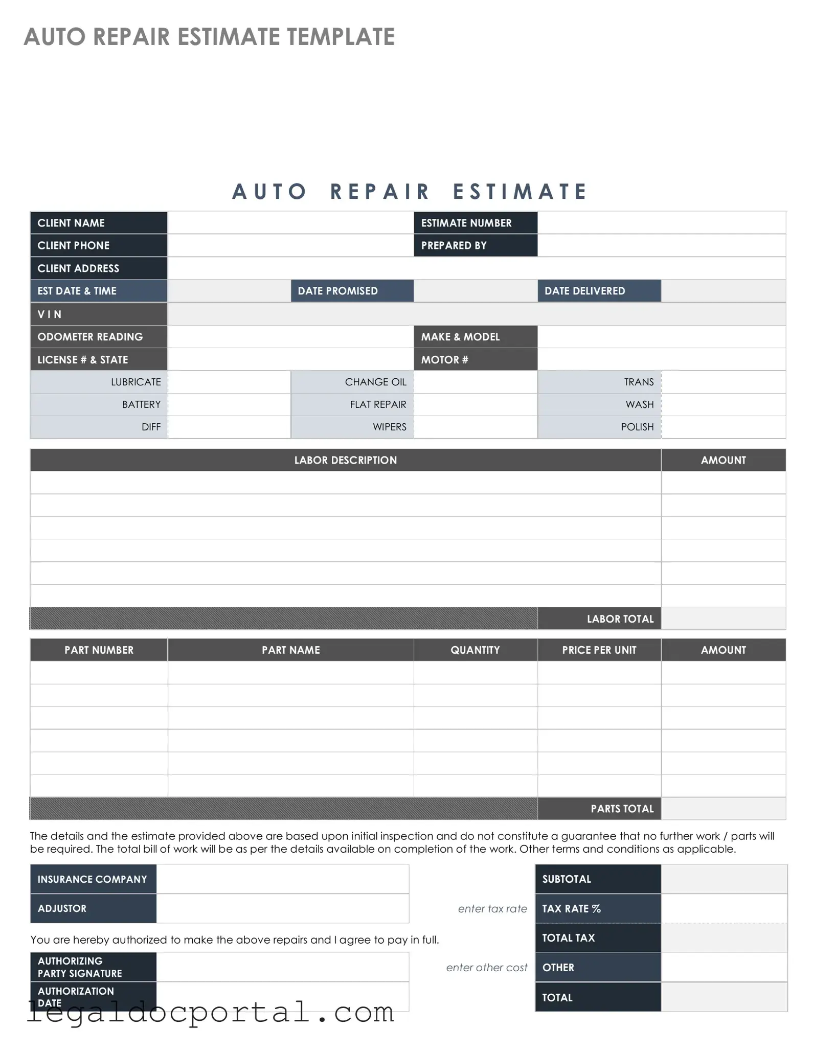 Printable Auto Repair Estimate Form