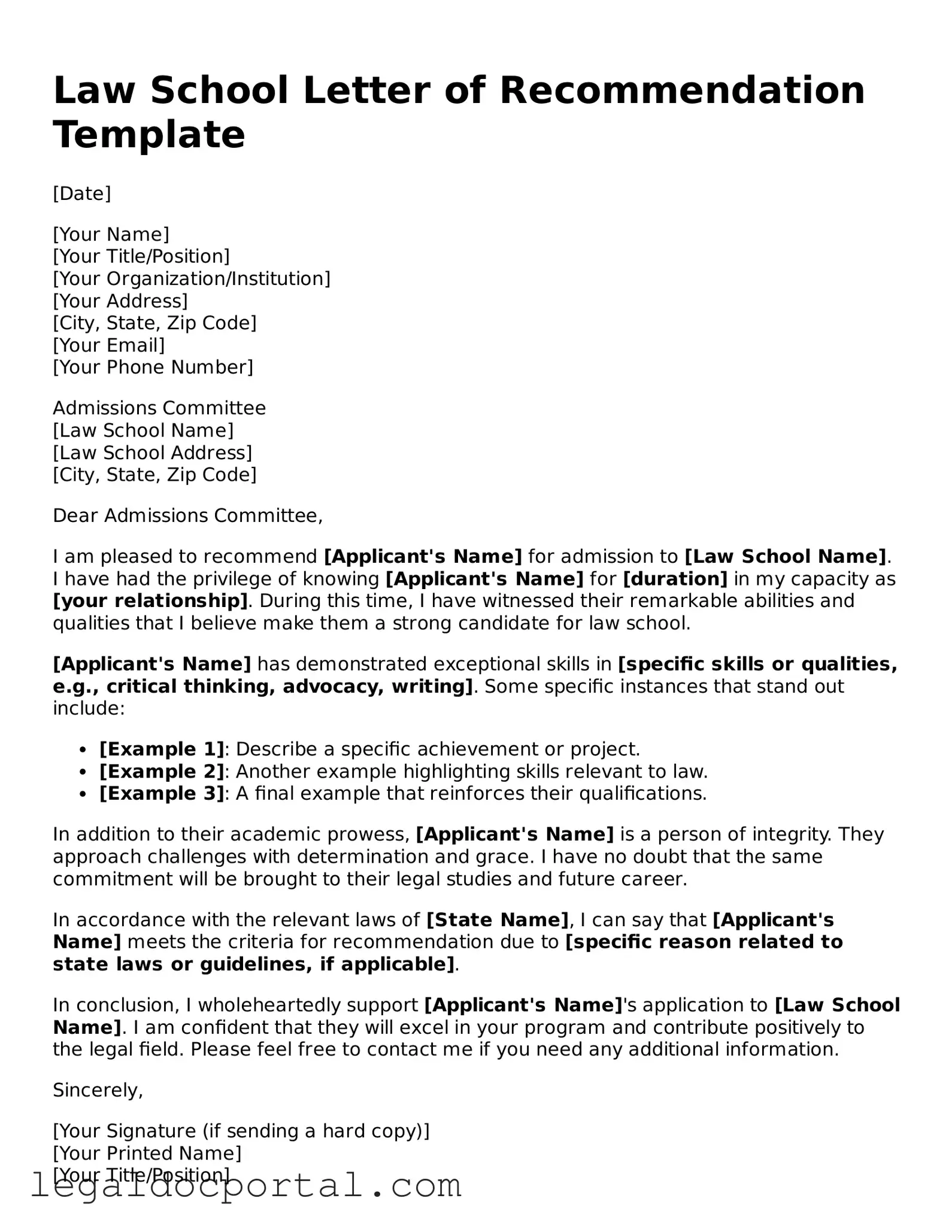 Official Law School Letter of Recommendation Document