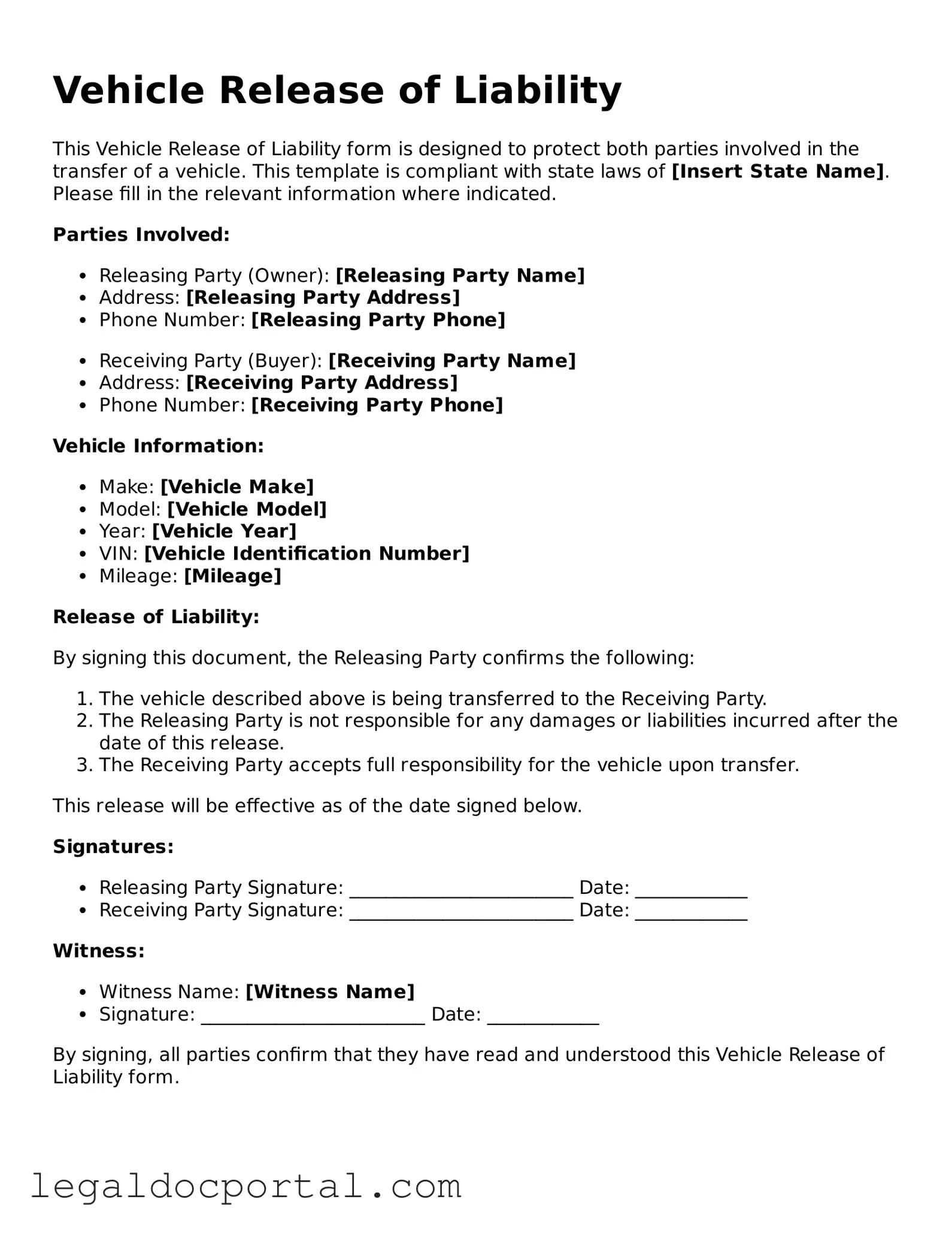 Official Vehicle Release of Liability Document