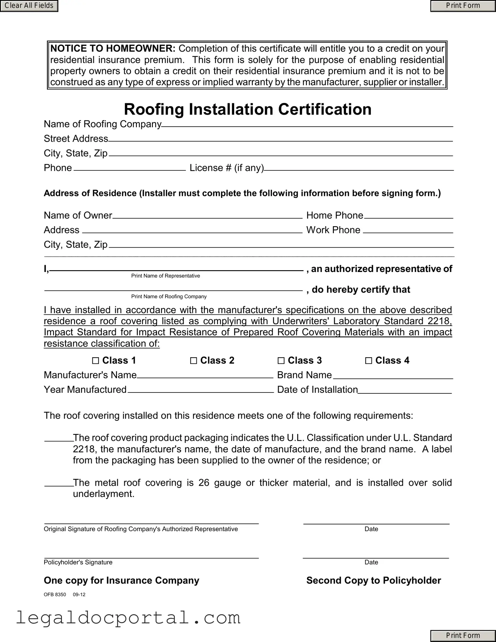 Printable Roofing Certificate Form