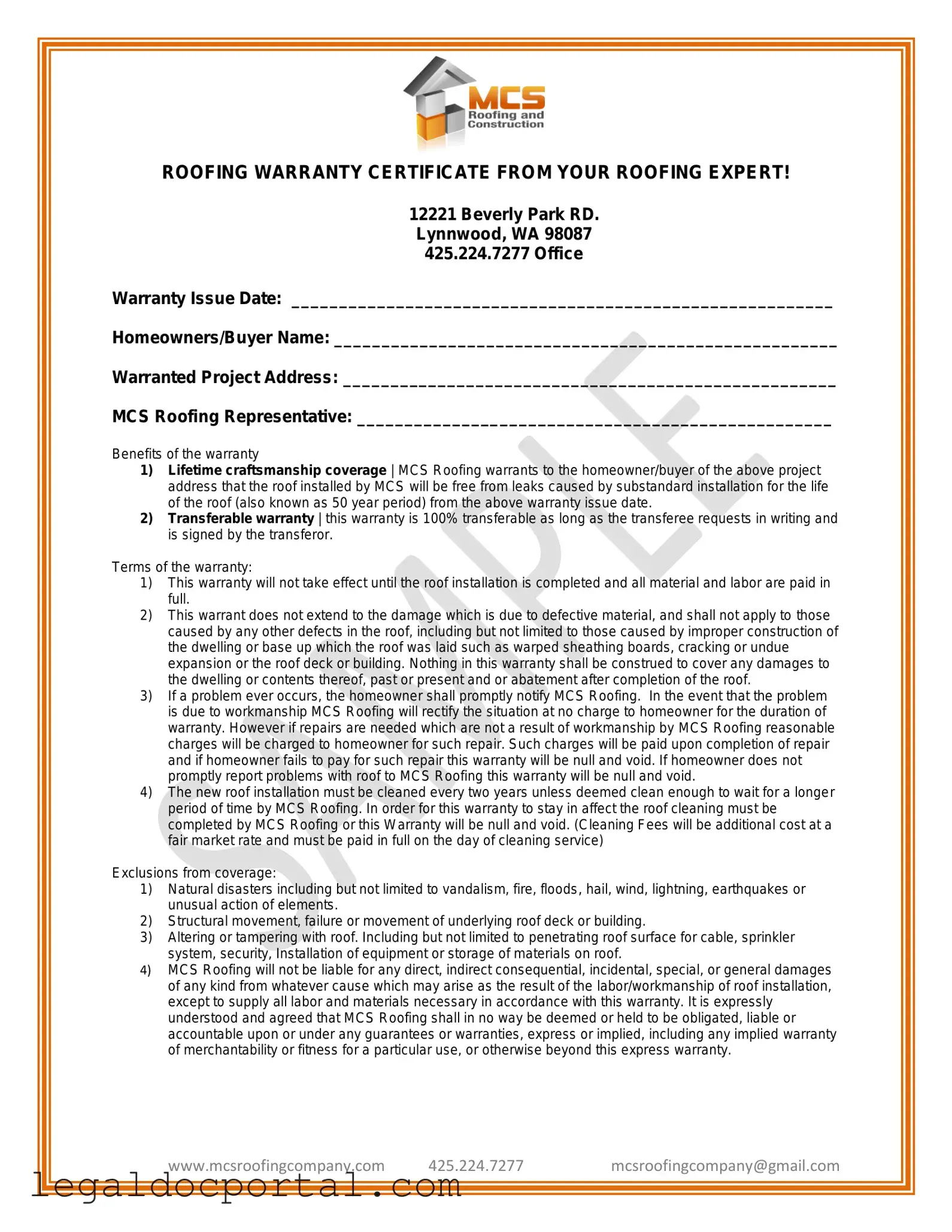 Printable Roofing Warranty Certificate Form