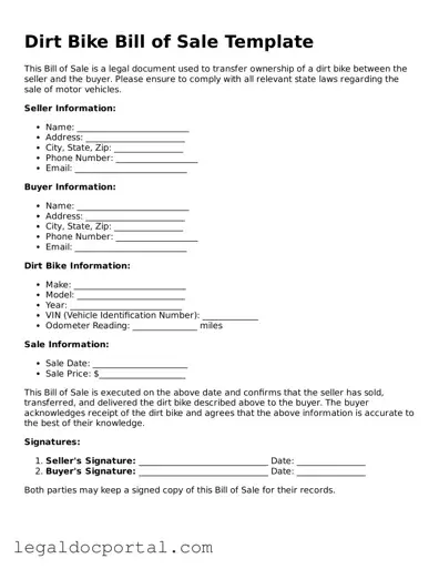 Official Dirt Bike Bill of Sale Document