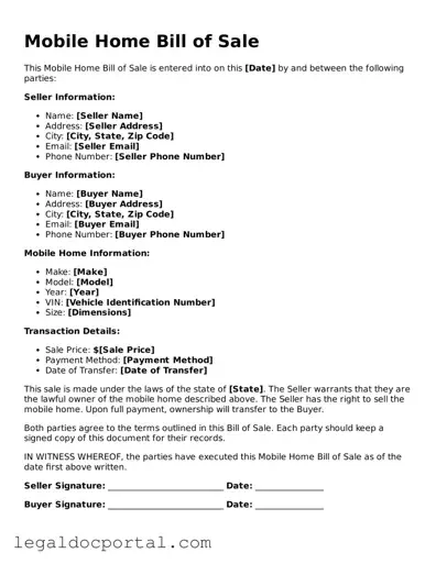 Official Mobile Home Bill of Sale Document