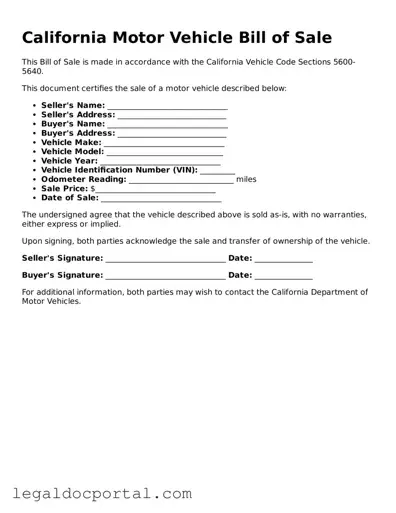 Attorney-Verified California Motor Vehicle Bill of Sale Form