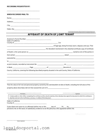 Printable California Death of a Joint Tenant Affidavit Form