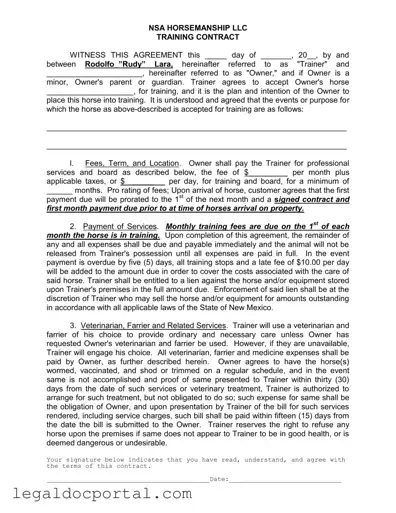 Printable Horse Training Contract Form
