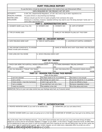Printable Hurt Feelings Report Form