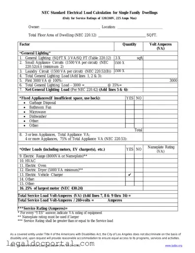 Printable LADBS NEC Standard Electrical Load Calculation Form
