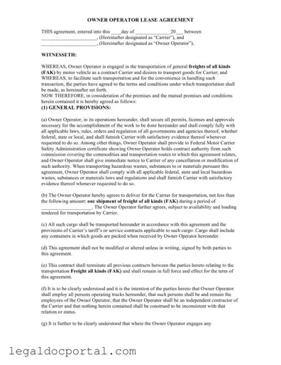 Printable Owner Operator Lease Agreement Form