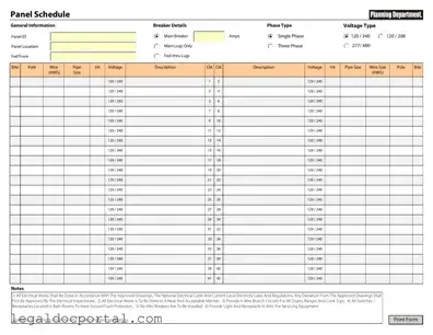 Printable Electrical Panel Schedule Form