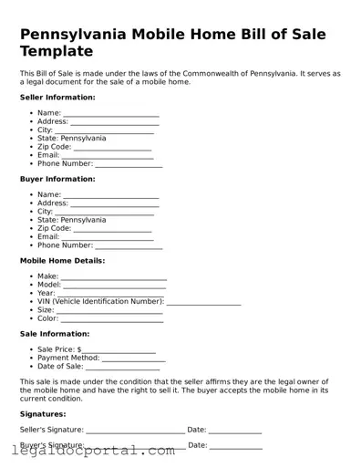 Attorney-Verified Pennsylvania Mobile Home Bill of Sale Form